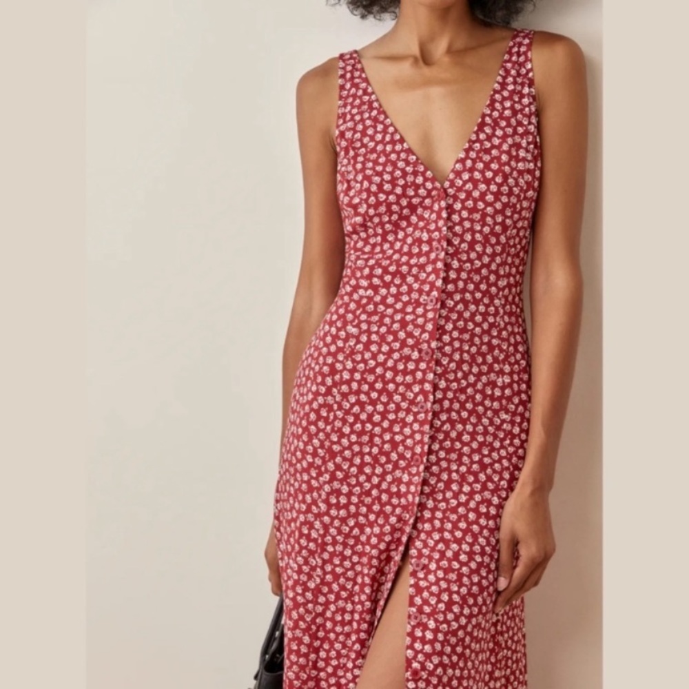 🌟NEW Reformation Luke red floral button front midi dress size 0